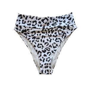 Aerie High Cut Cheeky Bikini Bottom M White Black Cheetah Leopard Print Foldover